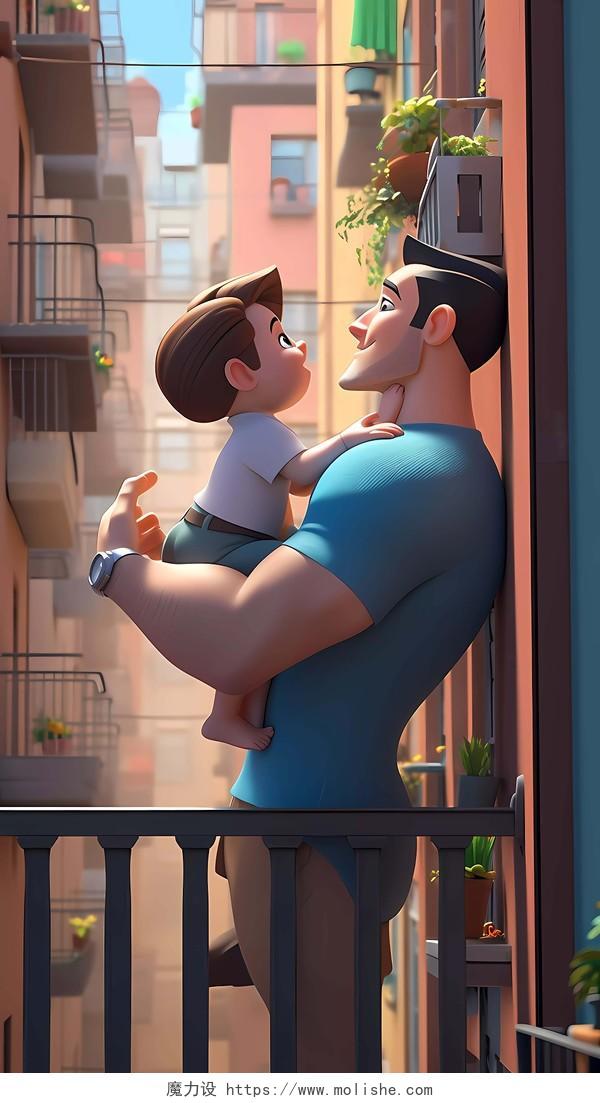 父亲节3d卡通迪士尼父亲抱着孩子的场景